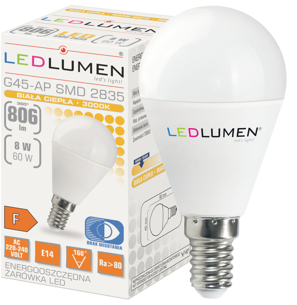 G45-AP E14 8W 806lm 3000K LED WW