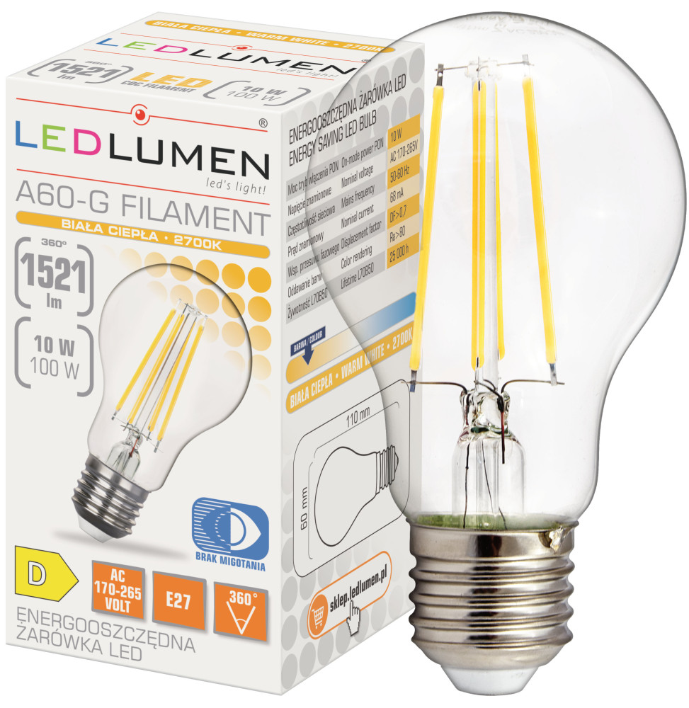 Żarówka LED A60-G E27 230V 10W FILAMENT 1521lm biała ciepła