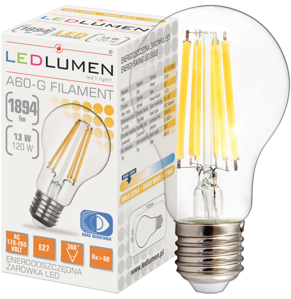 Żarówka LED A60-G E27 230V 13W FILAMENT 1894lm biała ciepła