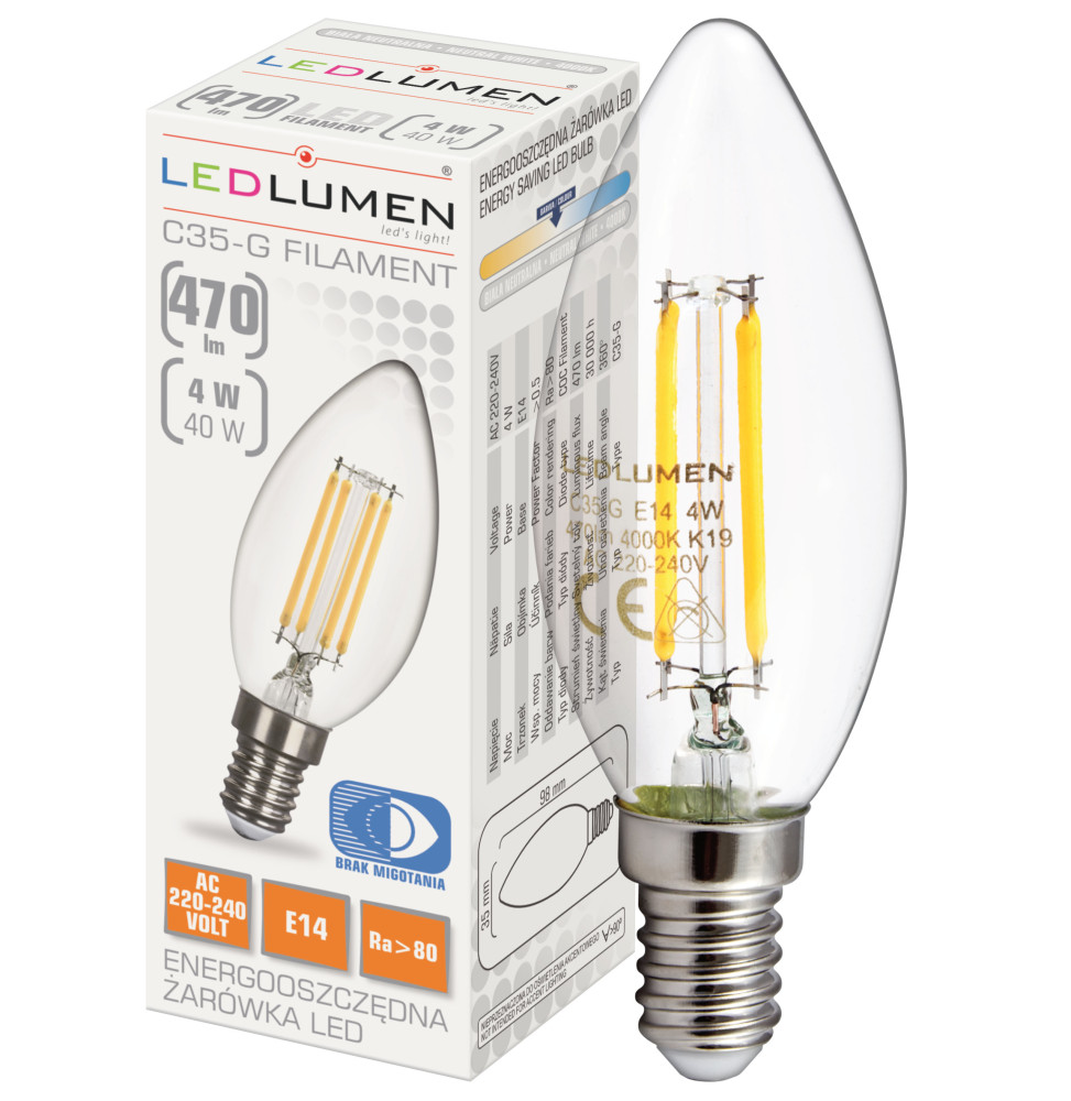 Żarówka LED C35-G E14 230V 4W FILAMENT 470lm NW