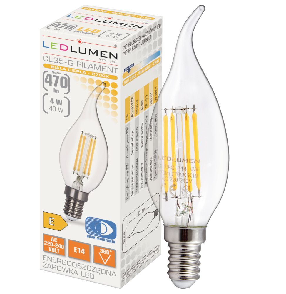 Żarówka LED CL35-G E14 230V 4W FILAMENT 470lm biała ciepła