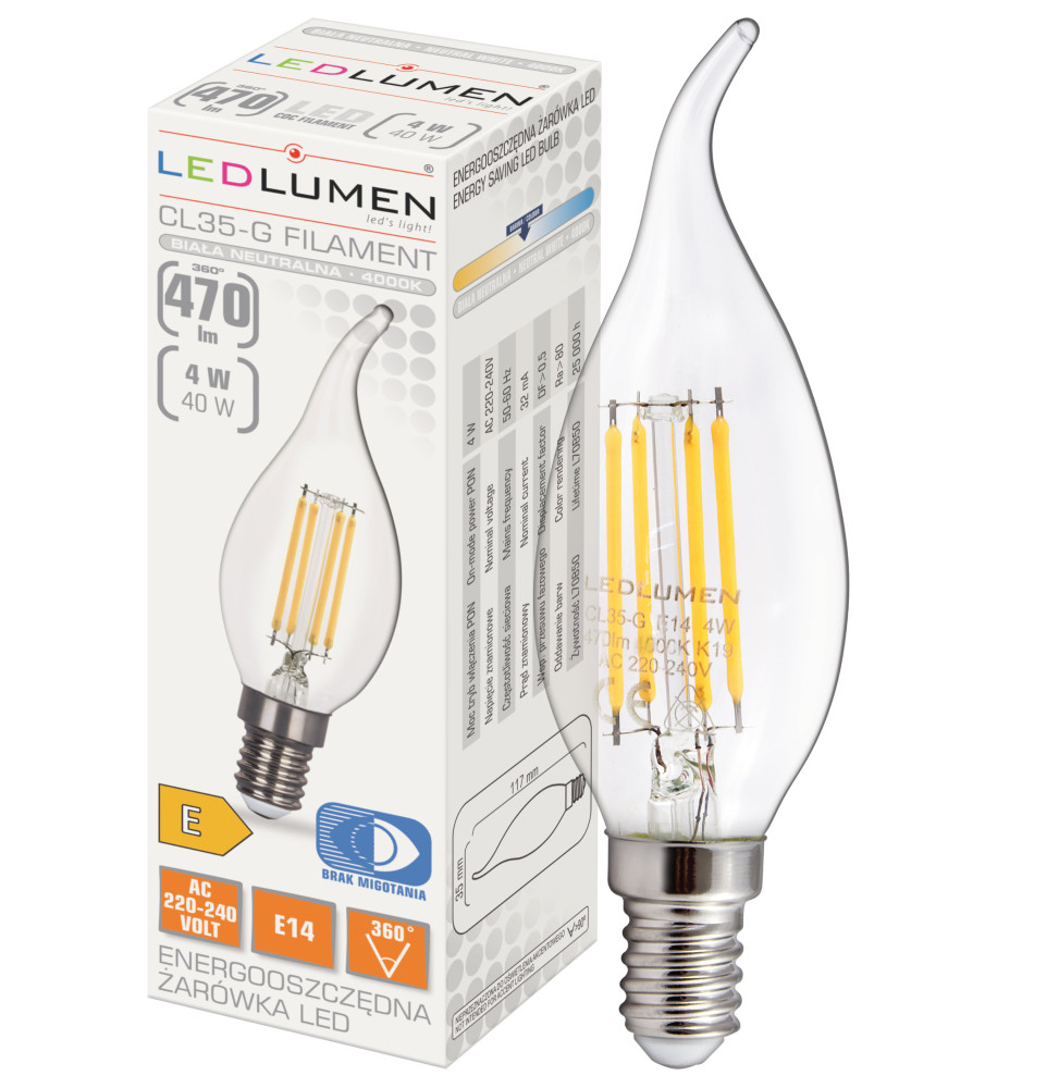 Żarówka LED CL35-G E14 230V 4W FILAMENT 470lm NW