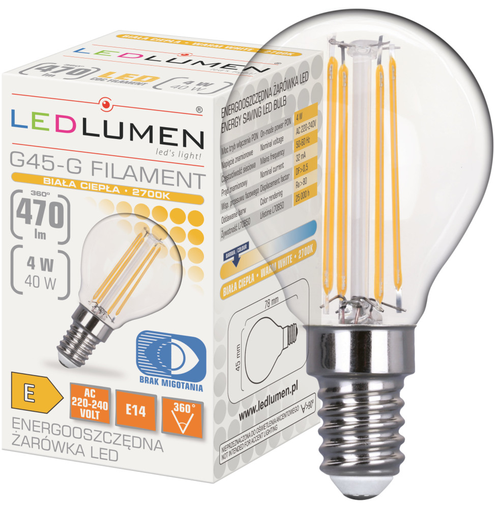 Żarówka LED G45-G E14 230V 4W FILAMENT 470lm WW