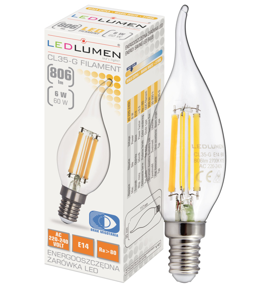 Żarówka LED CL35-G E14 230V 6W FILAMENT 806lm biała ciepła