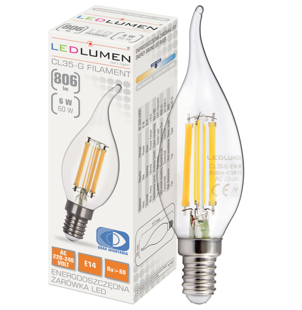 Żarówka LED CL35-G E14 230V 6W FILAMENT 806lm biała neutralna