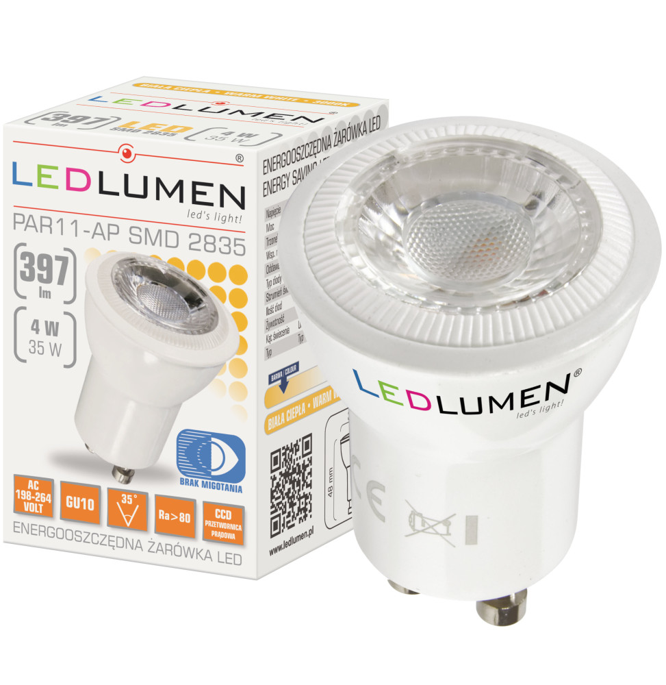 Żarówka PAR11-AP GU10 230V 4W LED 35 st. CCD biała ciepła