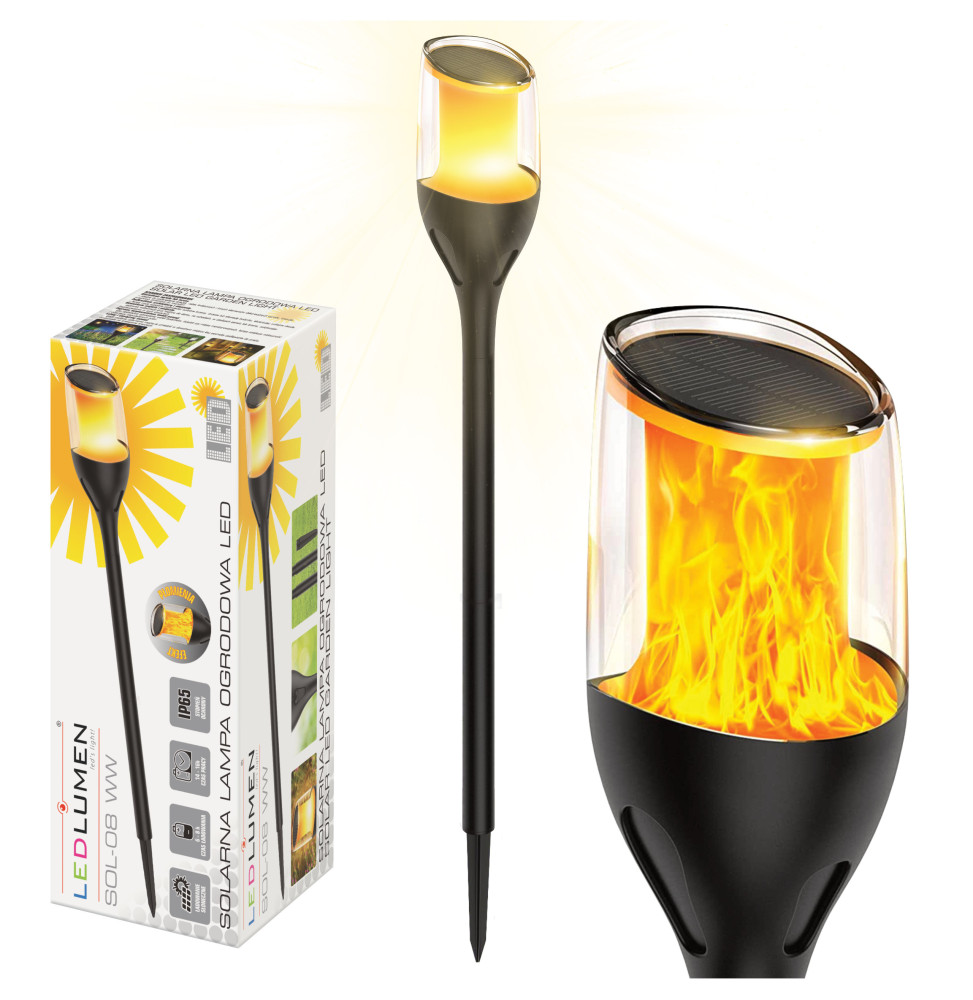 Lampa solarna ogrodowa LED wbijana pochodnia płomień IP65 SOL-08 WW